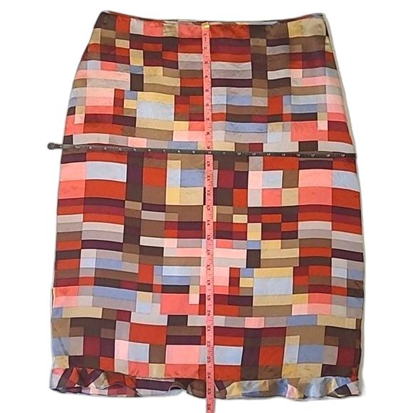BCBGMaxAzria Straight Silk Long Skirt Below Knee Geometric Patchwork Ruffle Hem - Picture 8 of 16